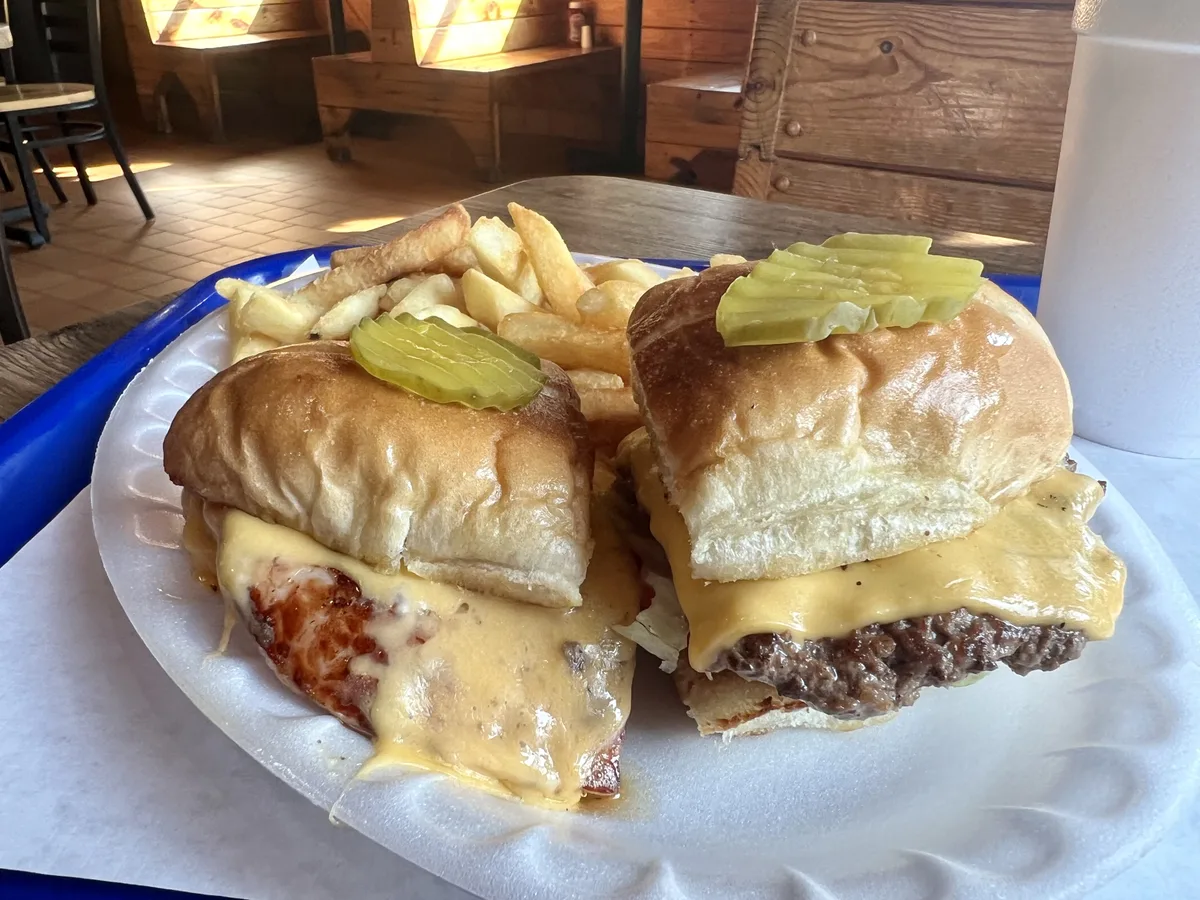 Half & Half sandwich, half burger patty and half grilled ham, with melted cheese and fries